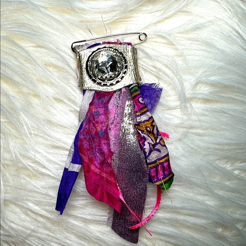 Boho | Fabric Brooch |,Hand Crafted Pin Crystal Embellished 5’ Silk and Lace